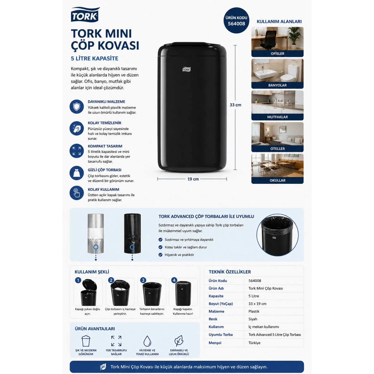 Tork Mini Siyah Çöp Kovası 5 L 564008 19x33 cm