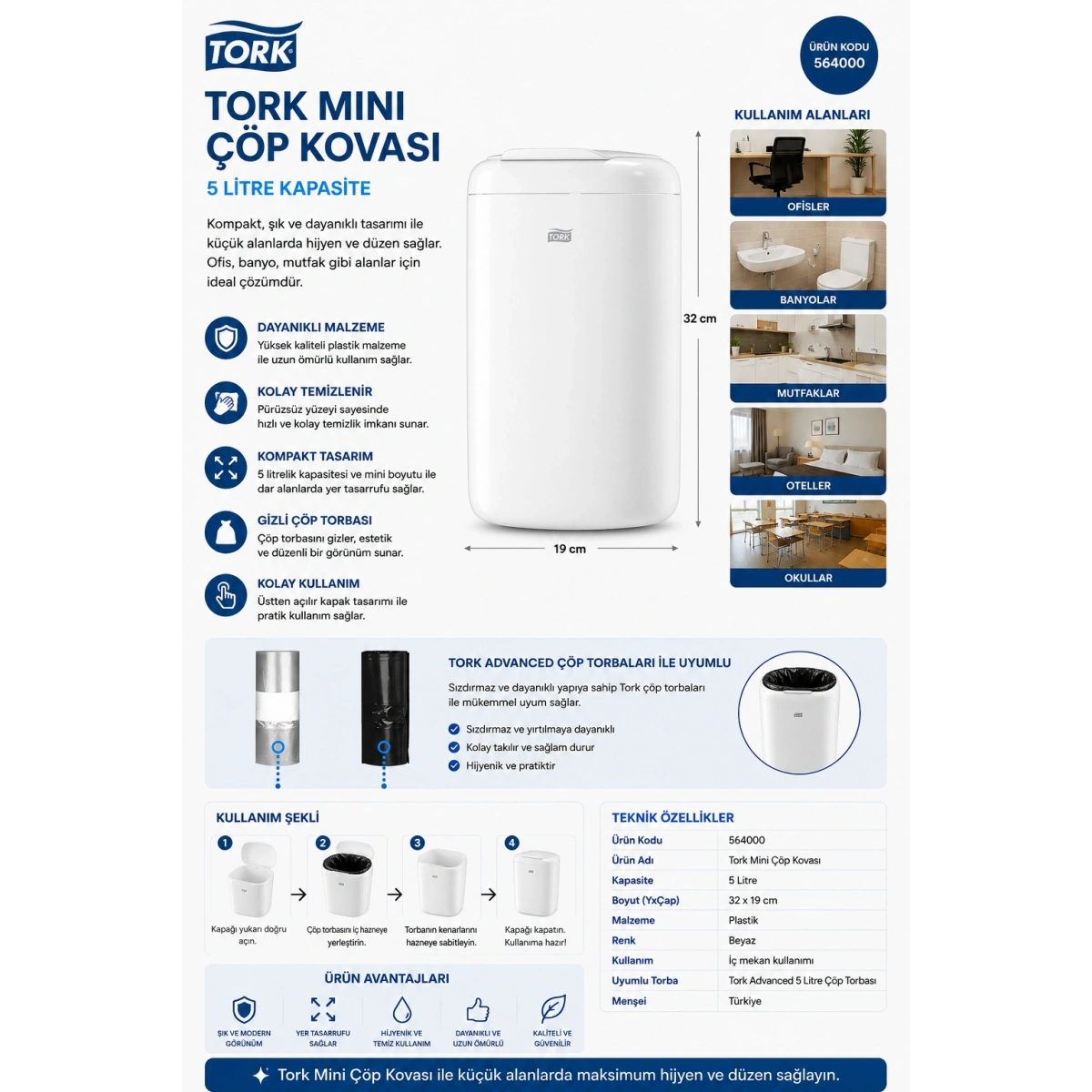 Tork 564000 Mini Beyaz Çöp Kovası 5 lt 19x32 cm