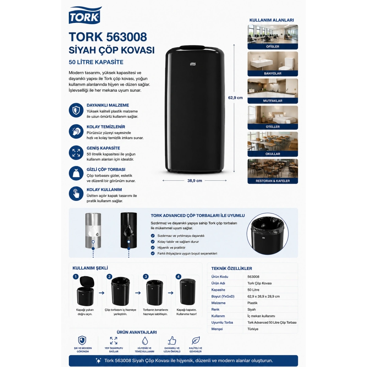 Tork 563008 Siyah Çöp Kovası 50 lt