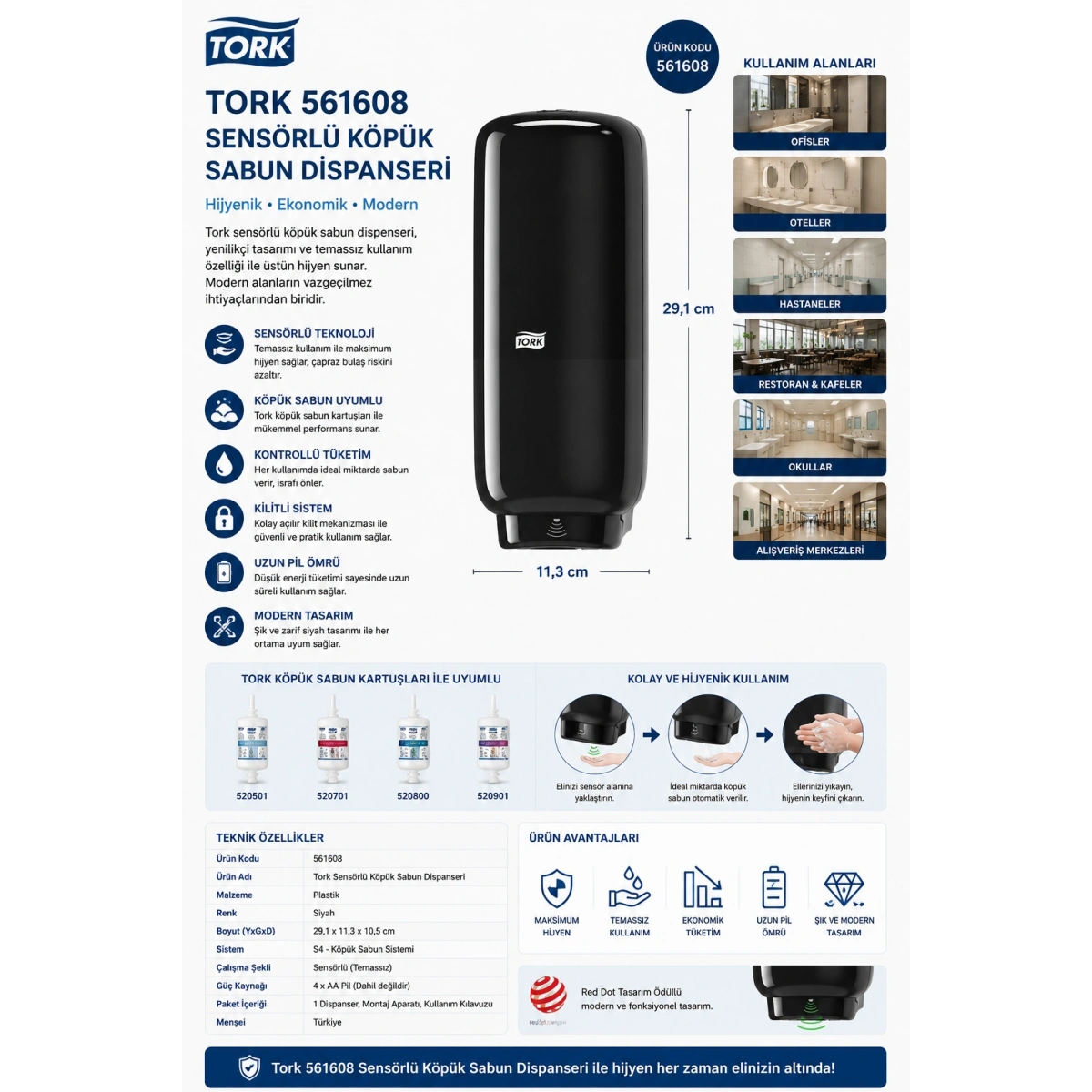 Tork 561608 Sensörlü Köpük Sabun Dispanseri Siyah