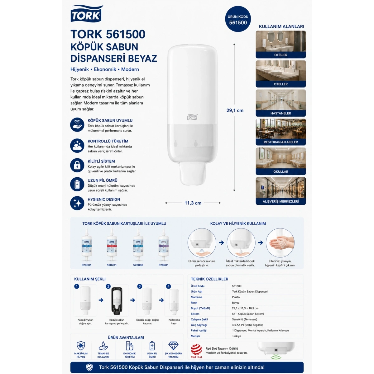 Tork 561500 Köpük Sabun Dispanseri Beyaz