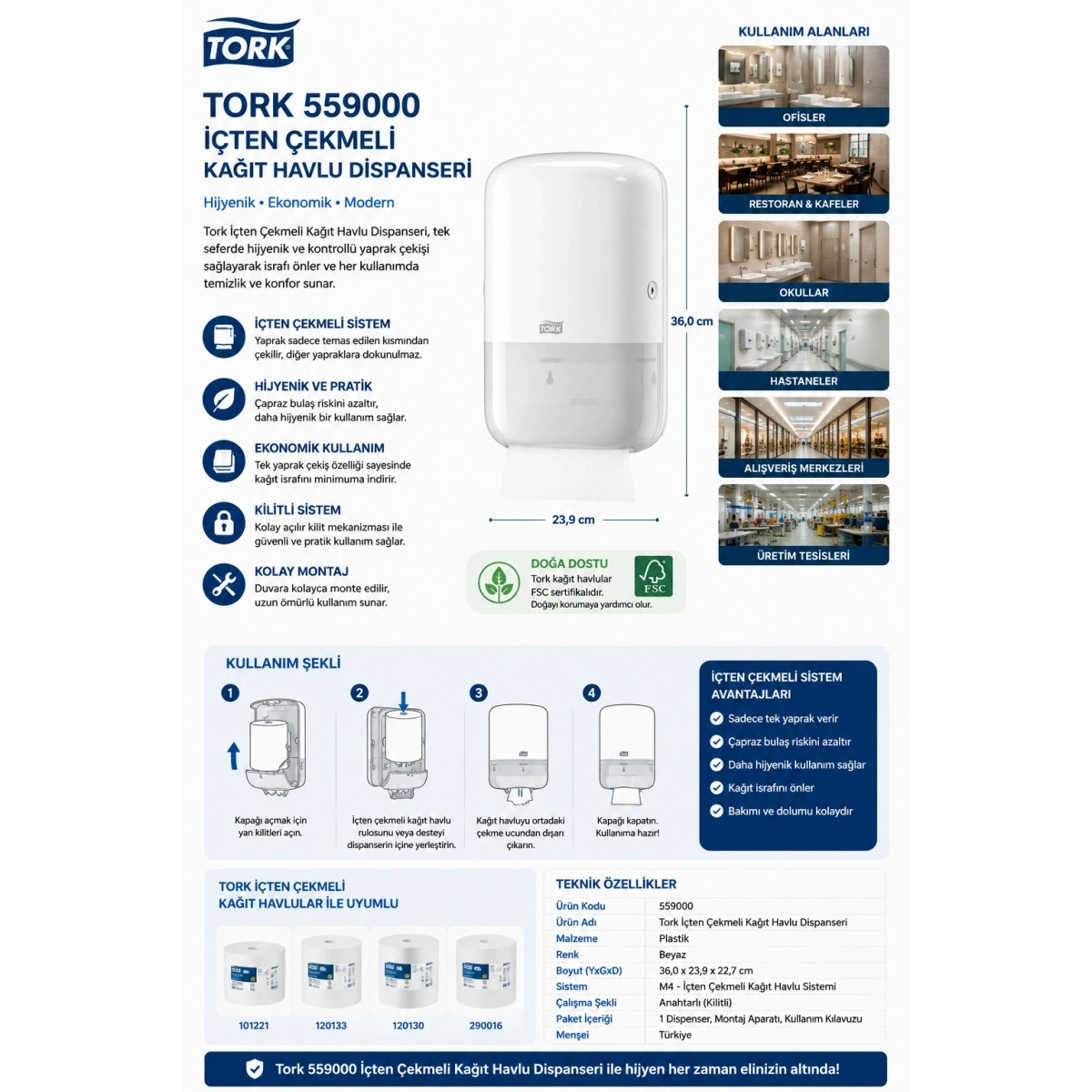 Tork 559000 İçten Çekmeli Kağıt Havlu Dispanseri Beyaz
