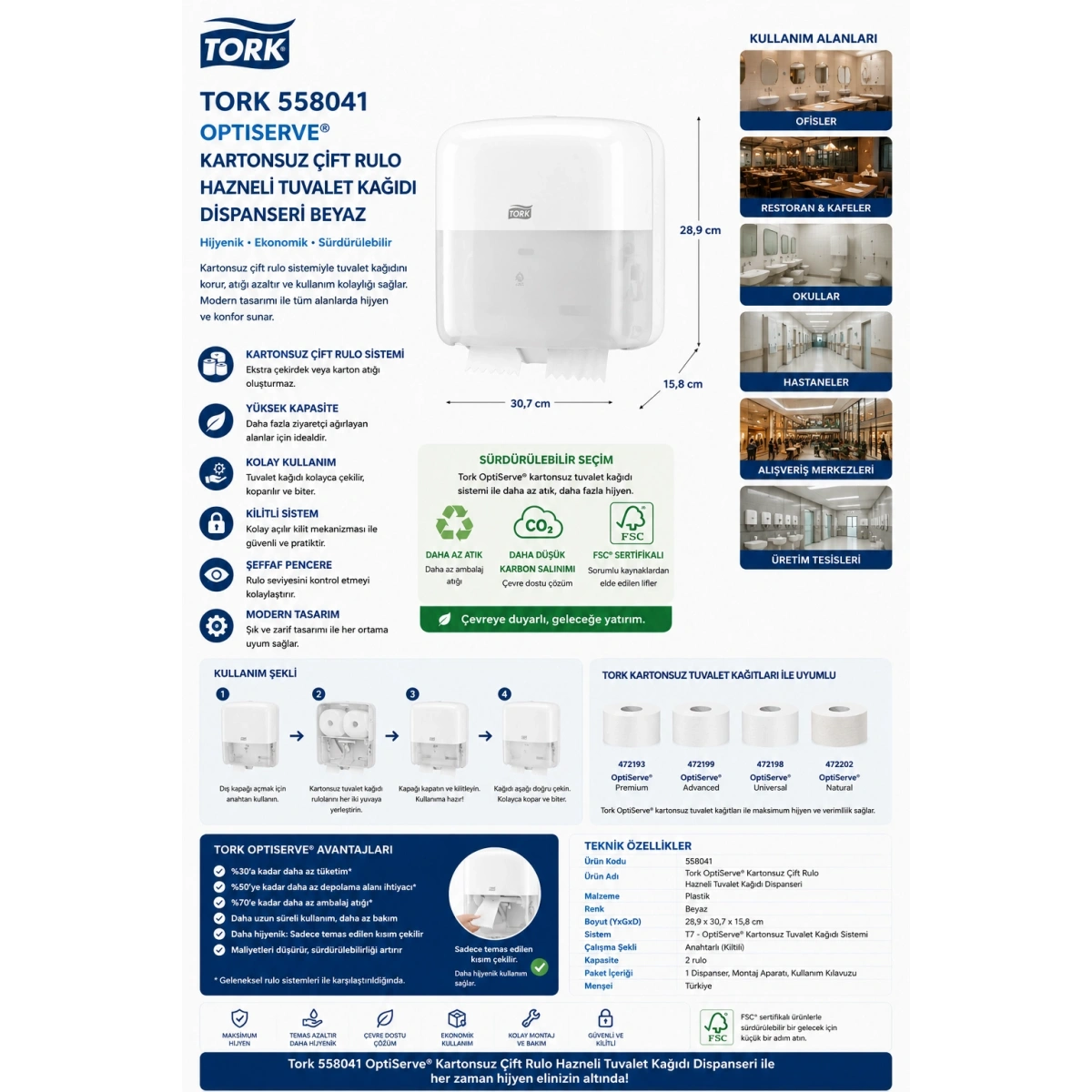 Tork 558041 Optiserve® Kartonsuz Çift Rulo Hazneli Tuvalet Kağıdı Dispanseri Beyaz