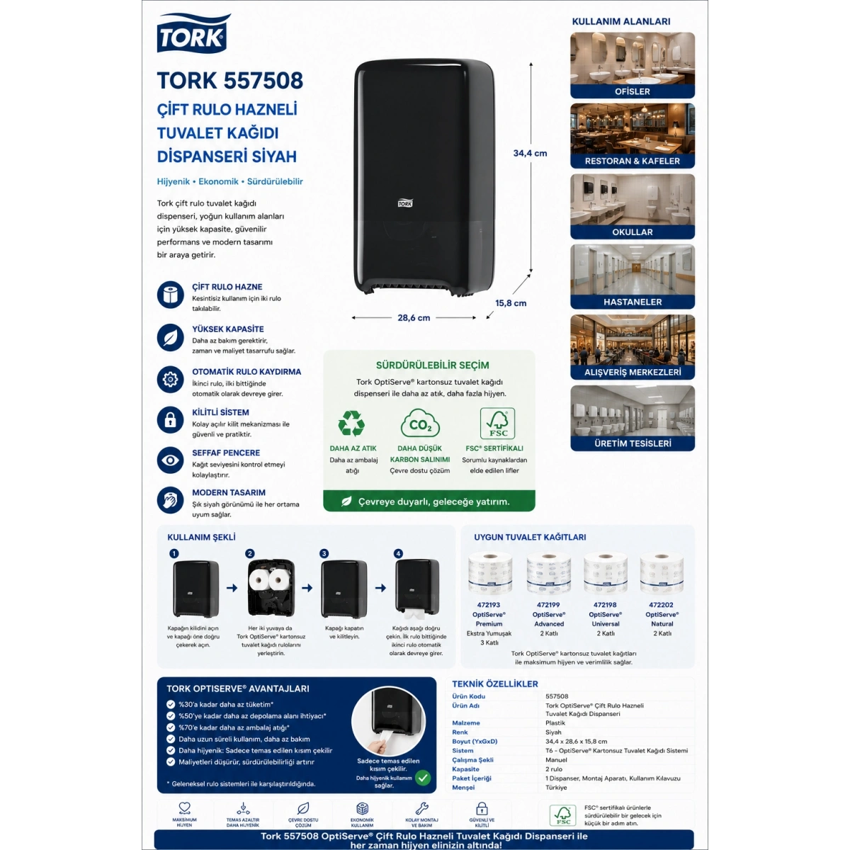 Tork 557508 Çift Rulo Hazneli Tuvalet Kağıdı Dispanseri Siyah