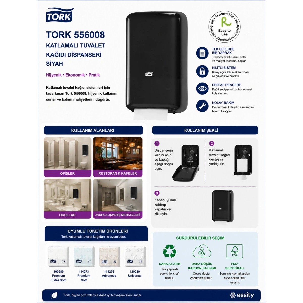 Tork 556008 Katlamalı Tuvalet Kağıdı Dispanseri Siyah