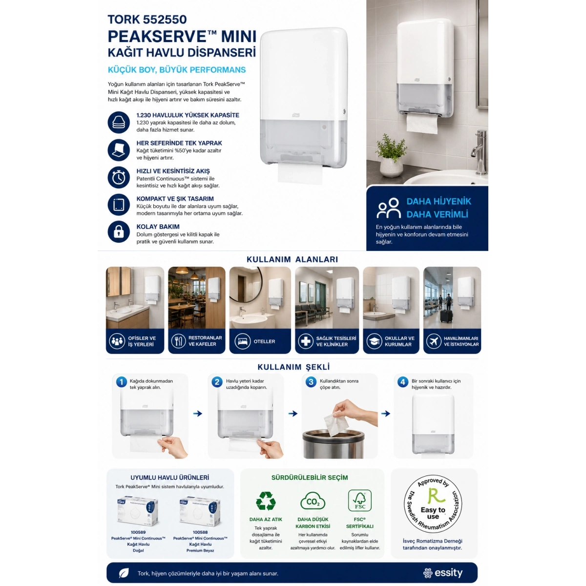 Tork 552550 Peakserve™ Mini Kağıt Havlu Dispanseri Beyaz