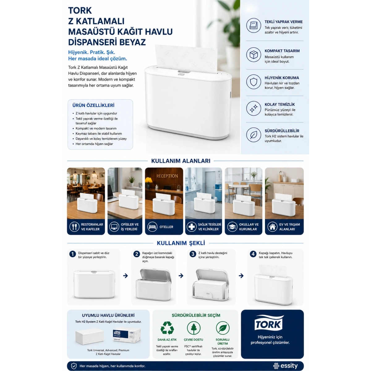 Tork 552200 Z Katlamalı Masaüstü Kağıt Havlu Dispanseri Beyaz