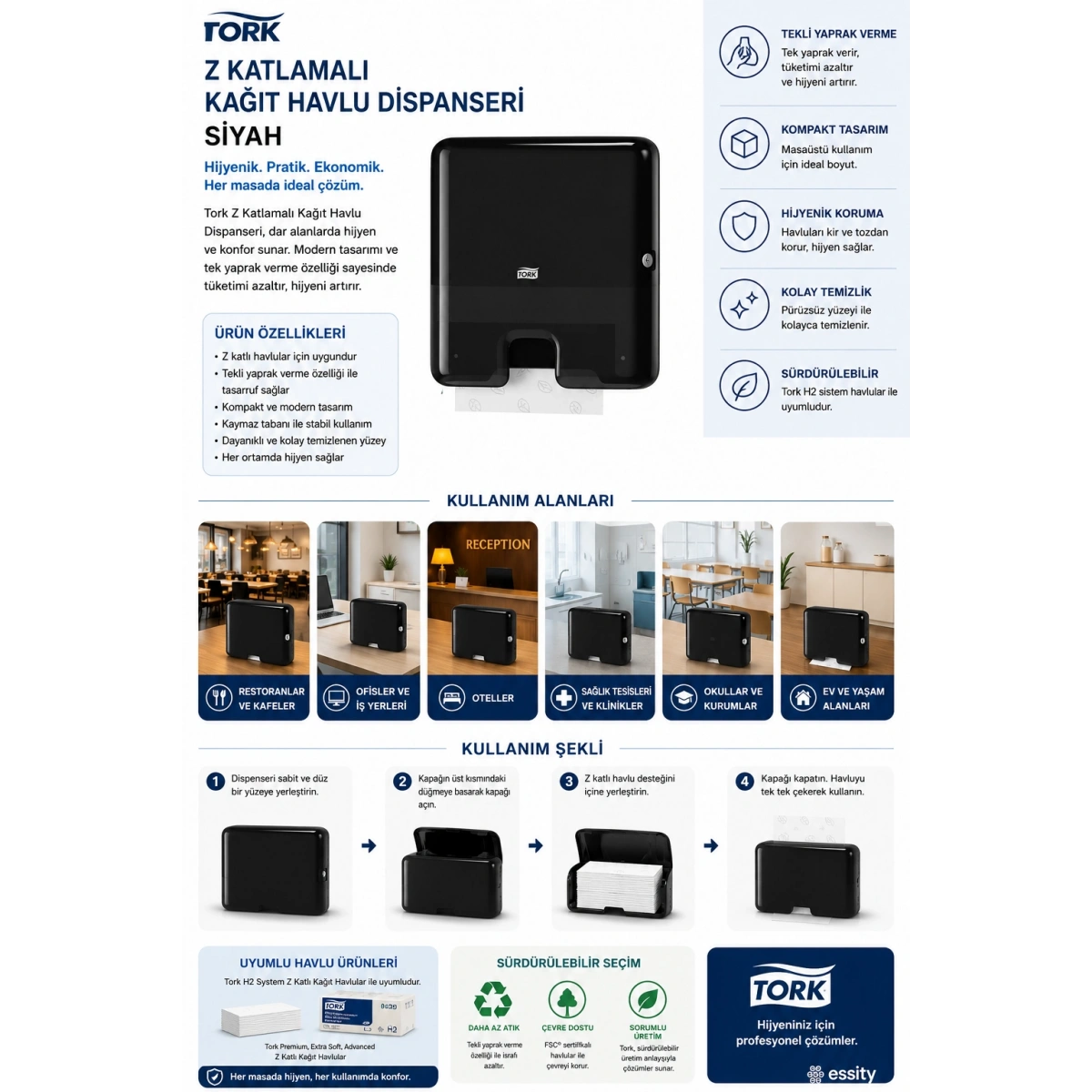 Tork 552108 Z Katlamalı Kağıt Havlu Dispanseri Siyah