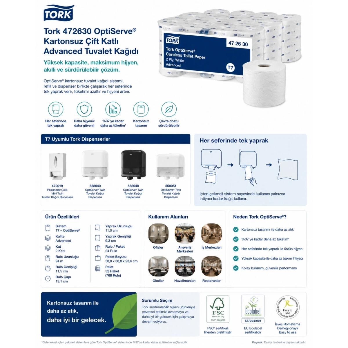 Tork 472630 Optiserve® Kartonsuz Çift Katlı Advanced Tuvalet Kağıdı 94 m x 24 Rulo
