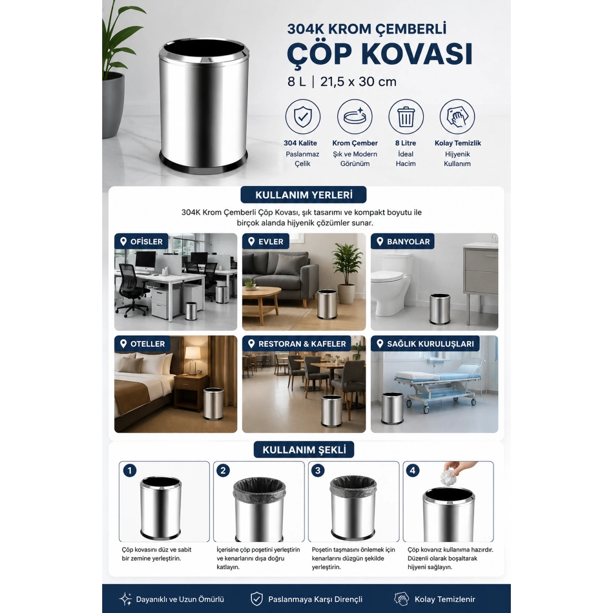 304K Krom Çemberli Çöp Kovası 8 L 21,5x30 cm