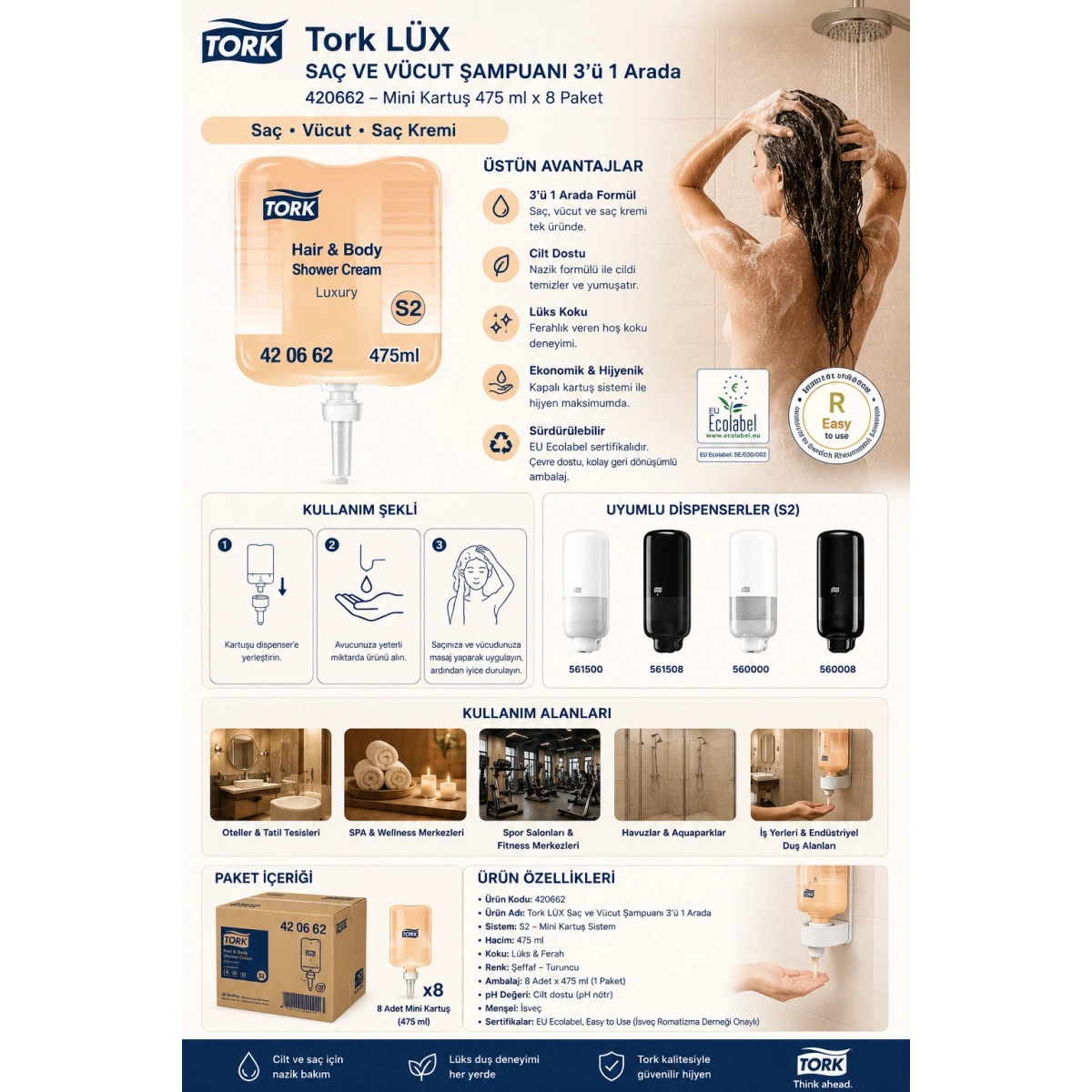 Tork 420662 Lüx Mini Vücut Sıvı Sabunu/Şampuanı 475 ml x 8 Paket