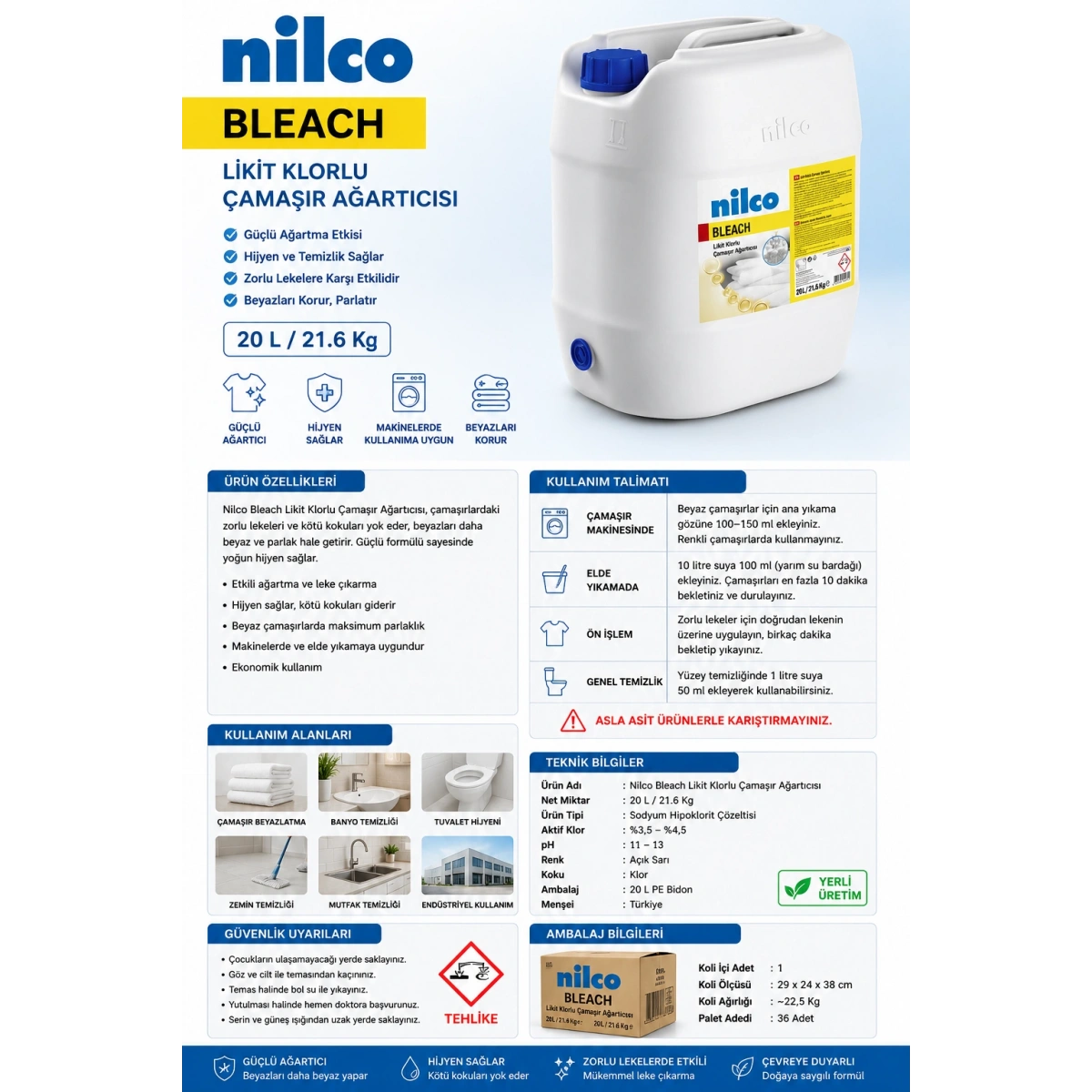 Nilco 41003808 Bleach Likit Klorlu Çamaşır Ağartıcısı 20 L / 21.6 Kg