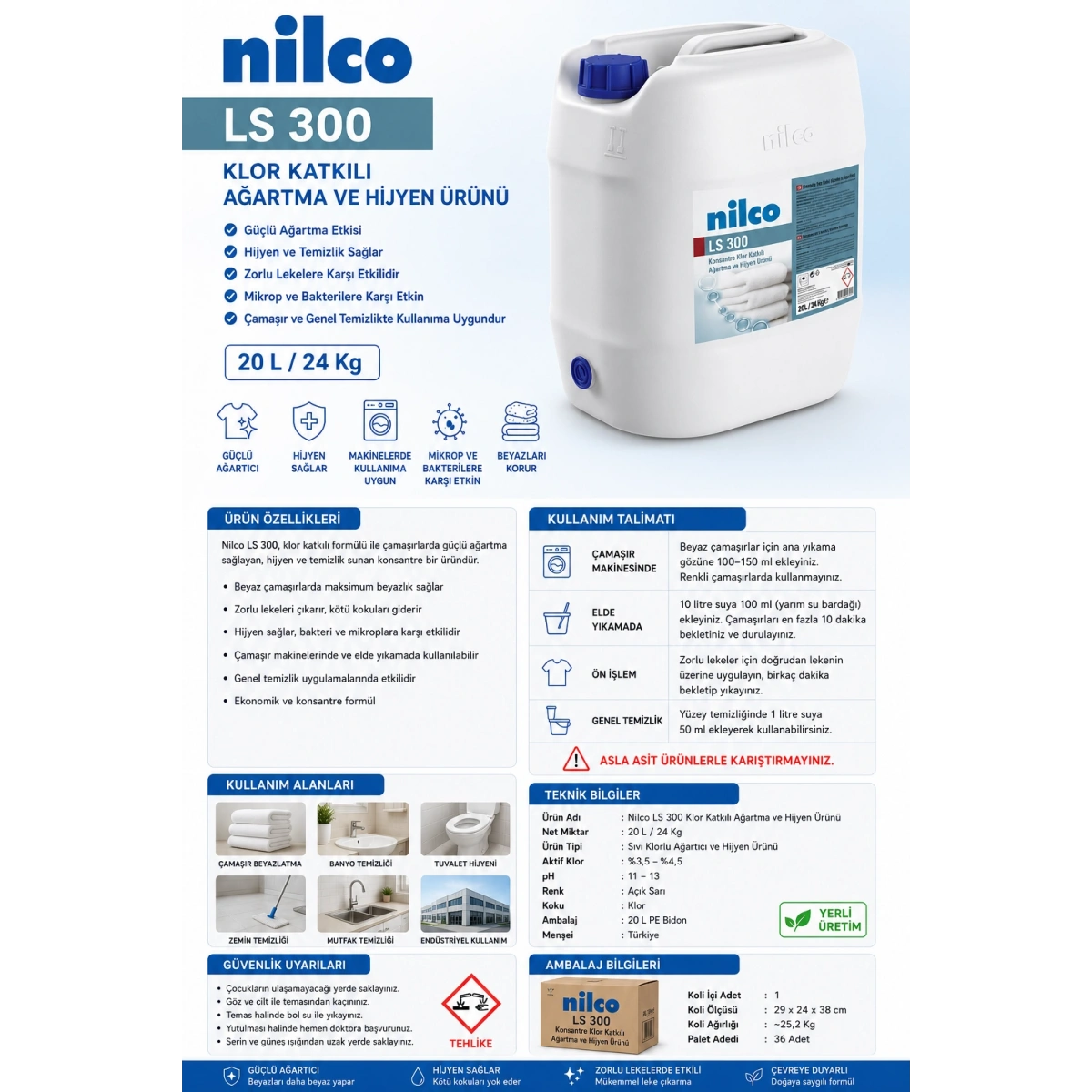 Nilco 41003806 LS 300 Klor Katkılı Ağartma Ve Hijyen Ürünü 20 L/24 Kg