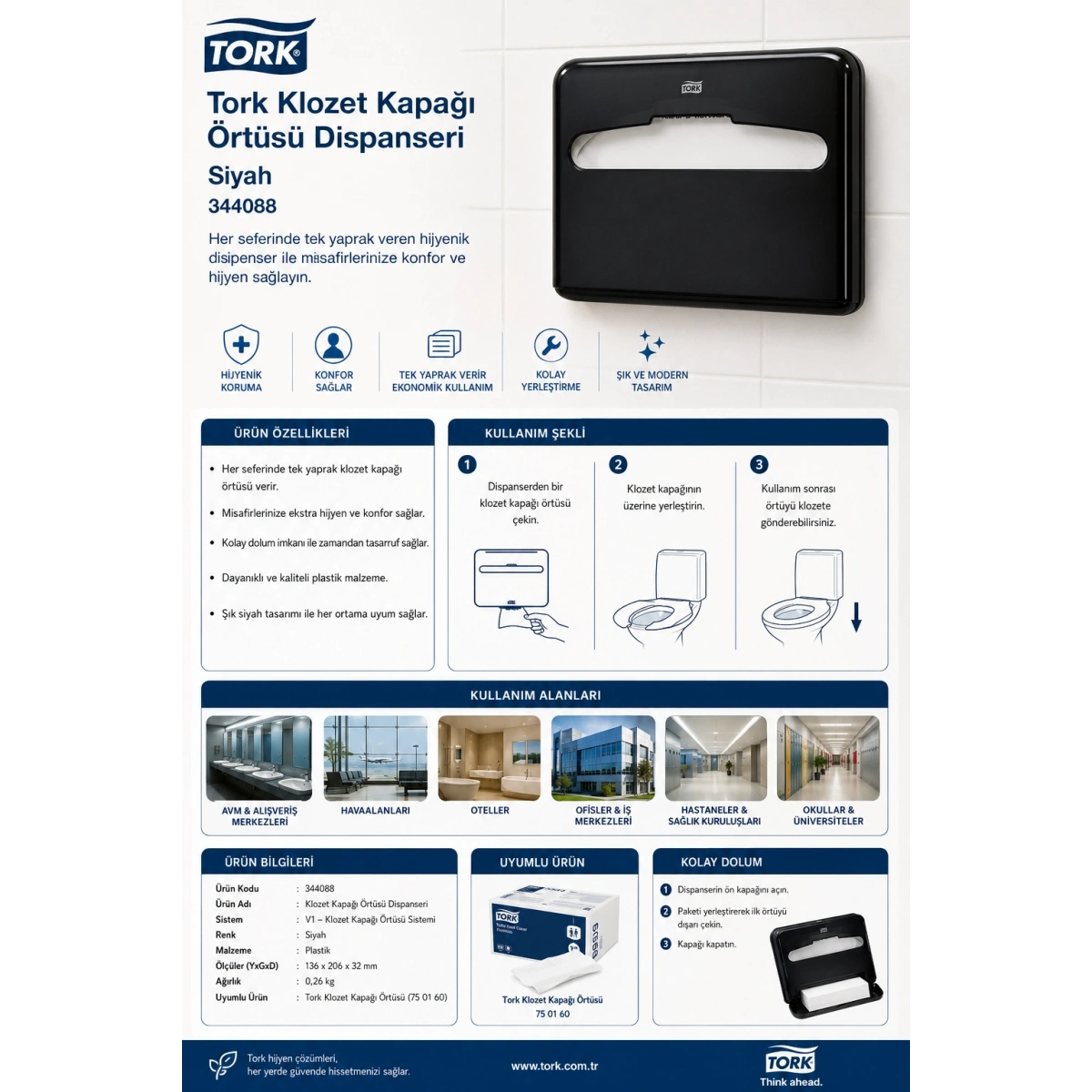 Tork 344088 Klozet Kapağı Örtüsü Dispanseri Siyah