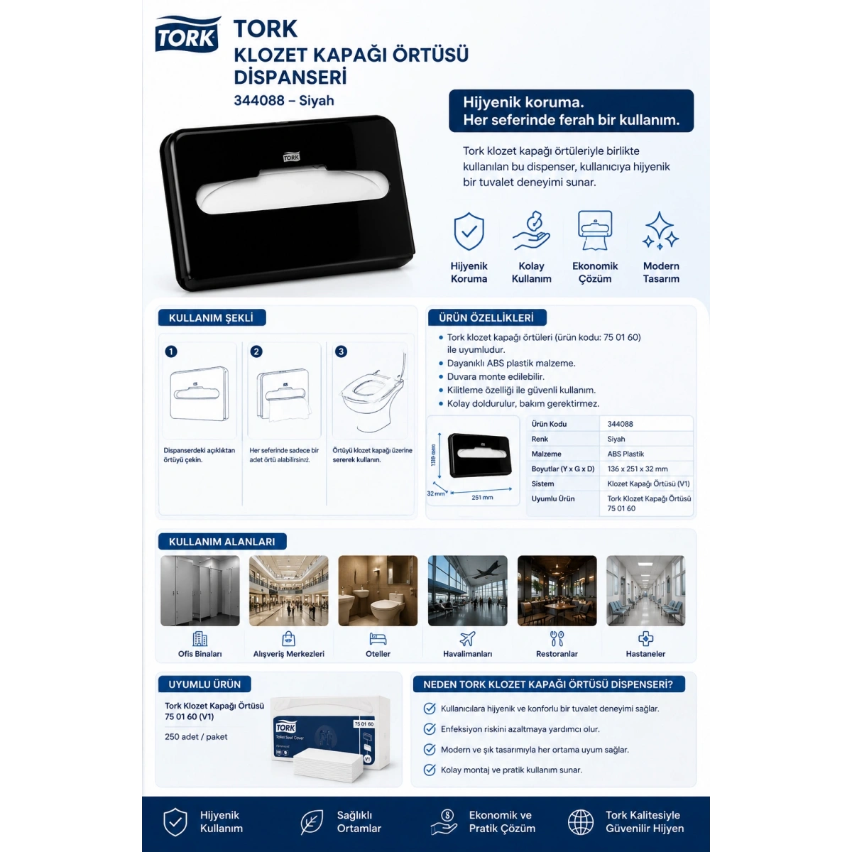 Tork 344088 Klozet Kapağı Örtüsü Dispanseri Siyah