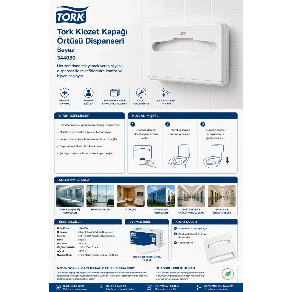 Tork 344080 Klozet Kapağı Örtüsü Dispanseri Beyaz