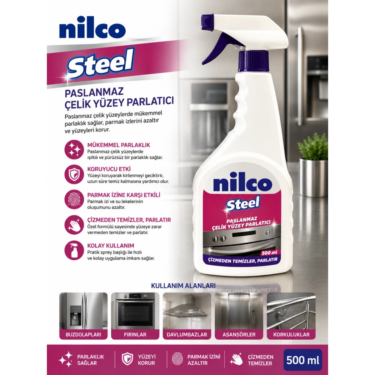 Nilco 32002499 Nilco Steel Paslanmaz Çelik Yüzey Parlatıcı 500 ml