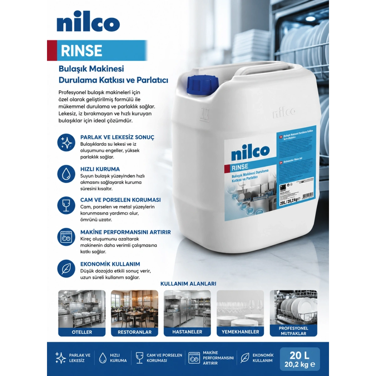 Nilco 32002118 Rinse Bulaşık Makinesi Durulama Katkısı ve Parlatıcı 20 lt/20,2 kg