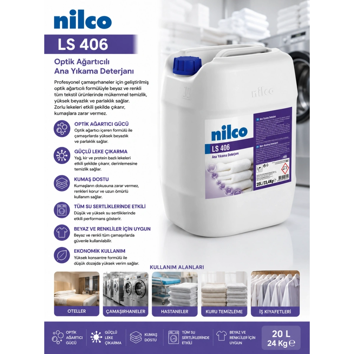 Nilco 32001927 LS 406 Optik Ağartıcılı Ana Yıkama Deterjanı 20 L/24 Kg