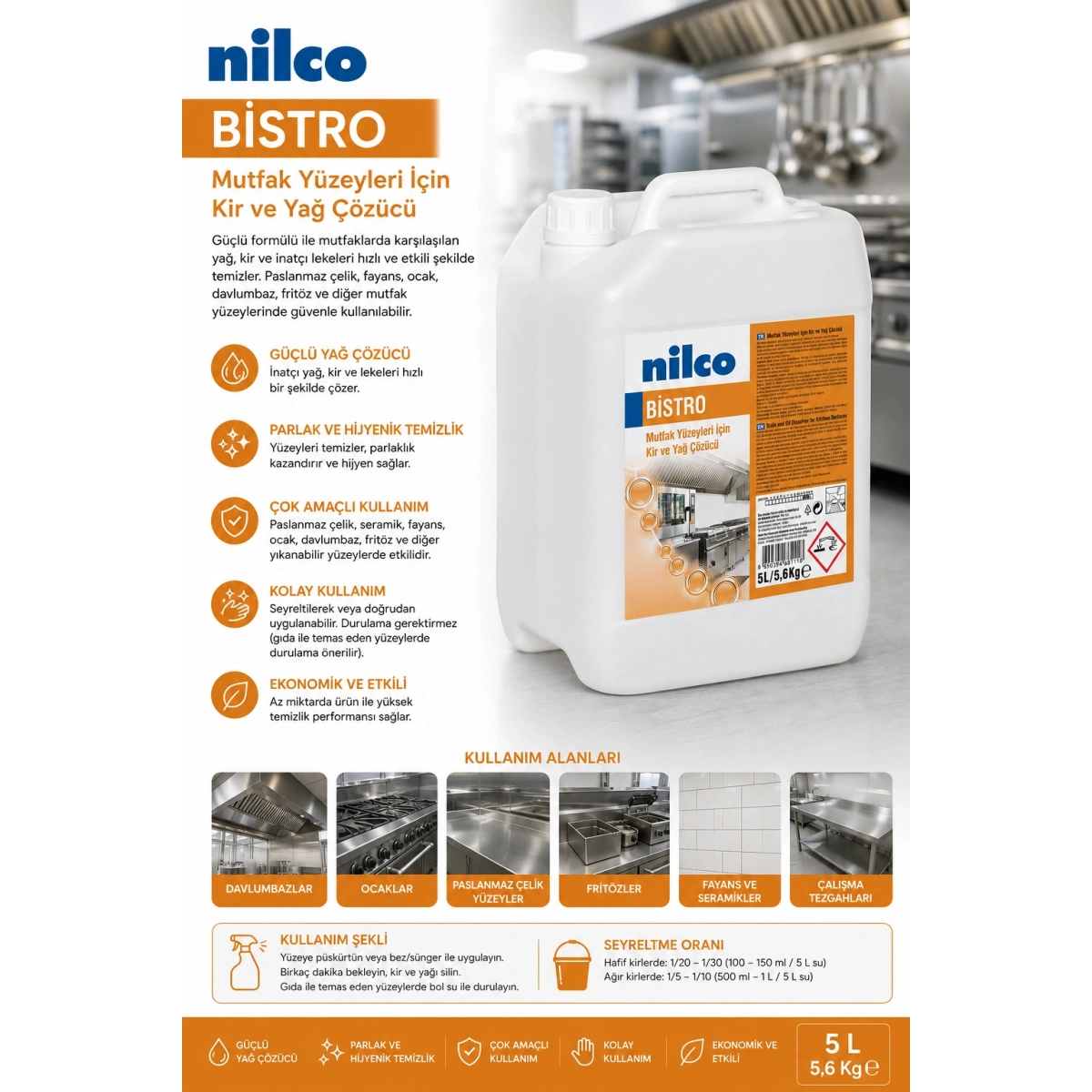 Nilco 32001856 Bistro Mutfak Yüzeyleri İçin Kir Ve Yağ Çözücü 5 lt