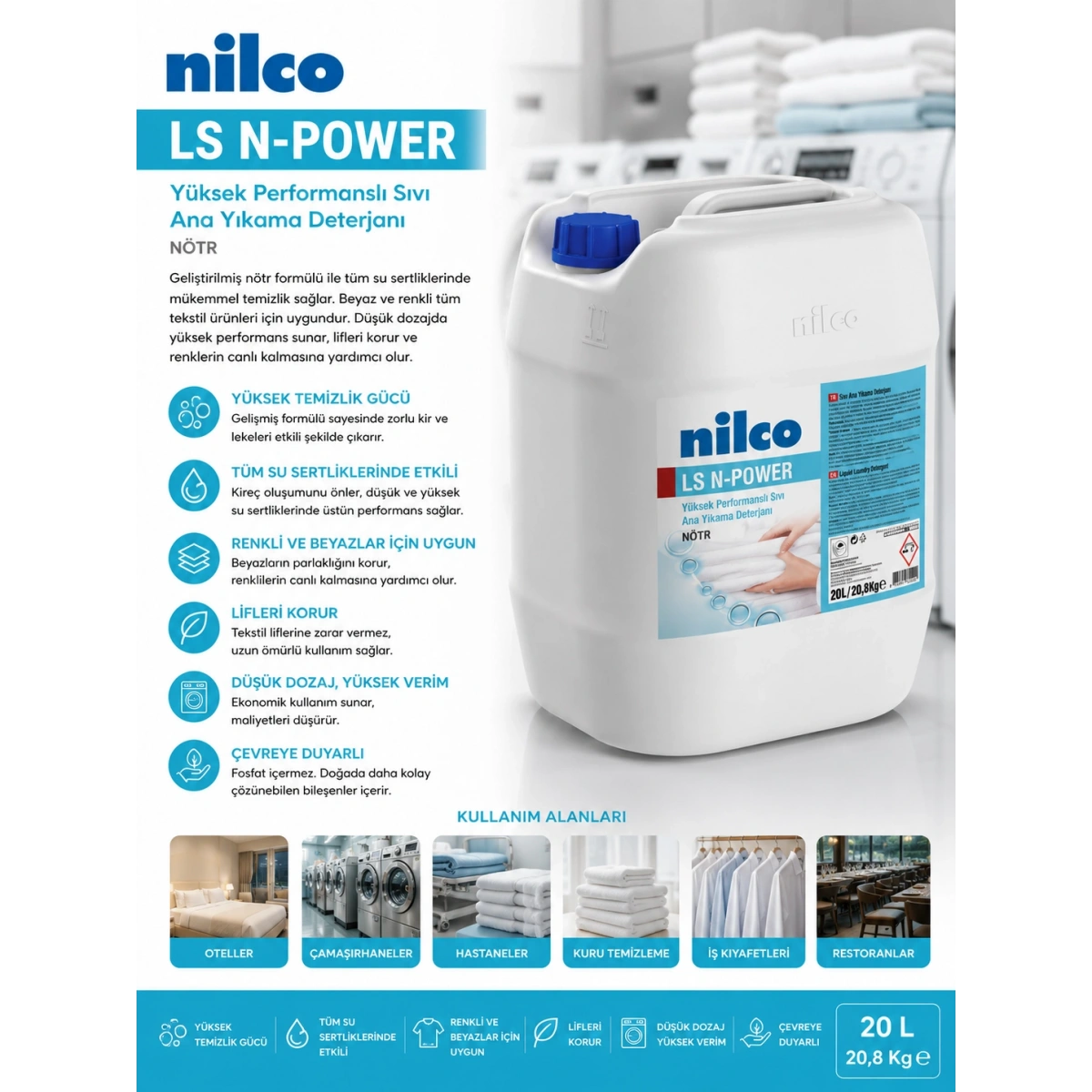 Nilco 32001850 LS N-Power Yüksek Performanslı Sıvı Ana Yıkama Deterjanı Nötr 20 Kg