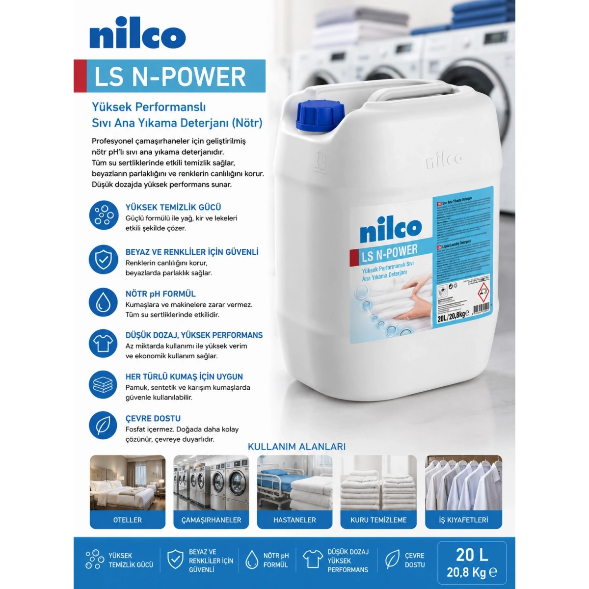Nilco 32001850 LS N-Power Yüksek Performanslı Sıvı Ana Yıkama Deterjanı Nötr 20 Kg