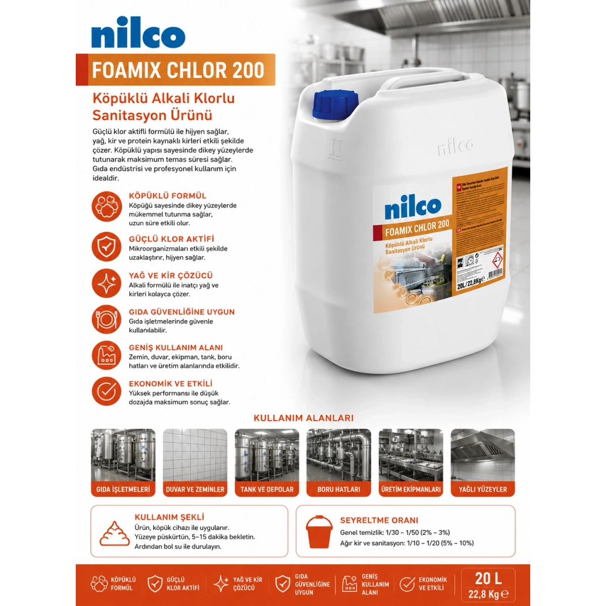 Nilco 32001812 Foamix Klor 200 Köpüklü Alkali Klorlu Sanitasyon Ürünü 20 L