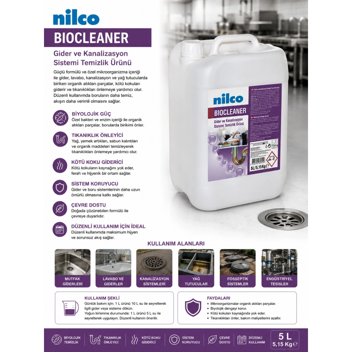 Nilco 32001672 Bio Cleaner Gider Ve Kanalizasyon Sistemi Temizlik Ürünü 5 L