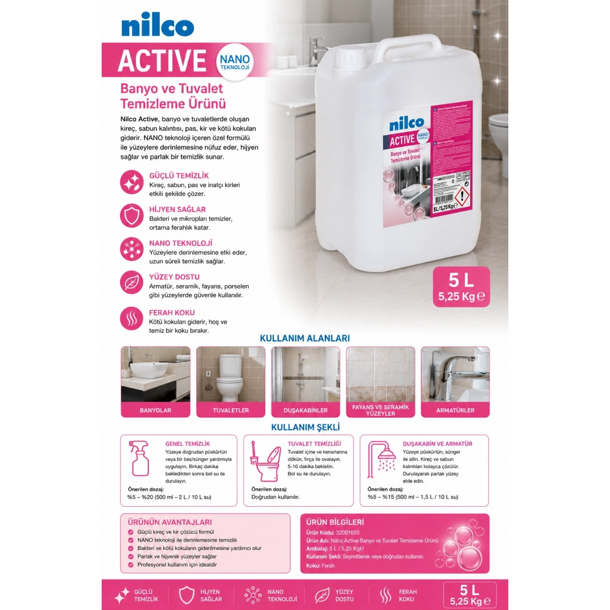 Nilco 32001650 Active Banyo ve Tuvalet Temizleme Ürünü 5 lt