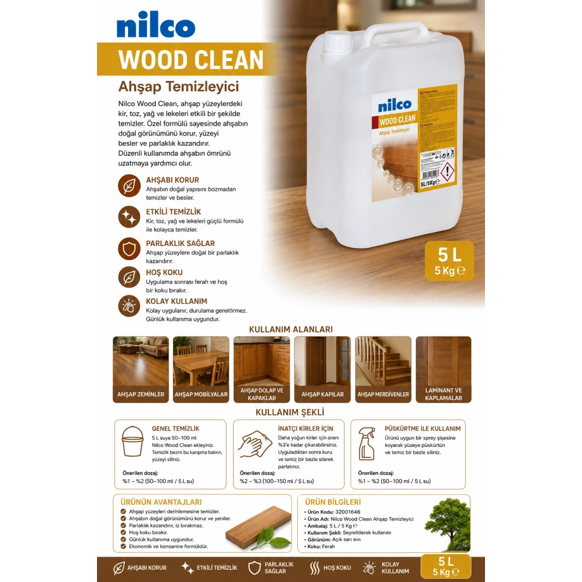 Nilco 32001646 Wood Clean Ahşap Temizleyici 5 L