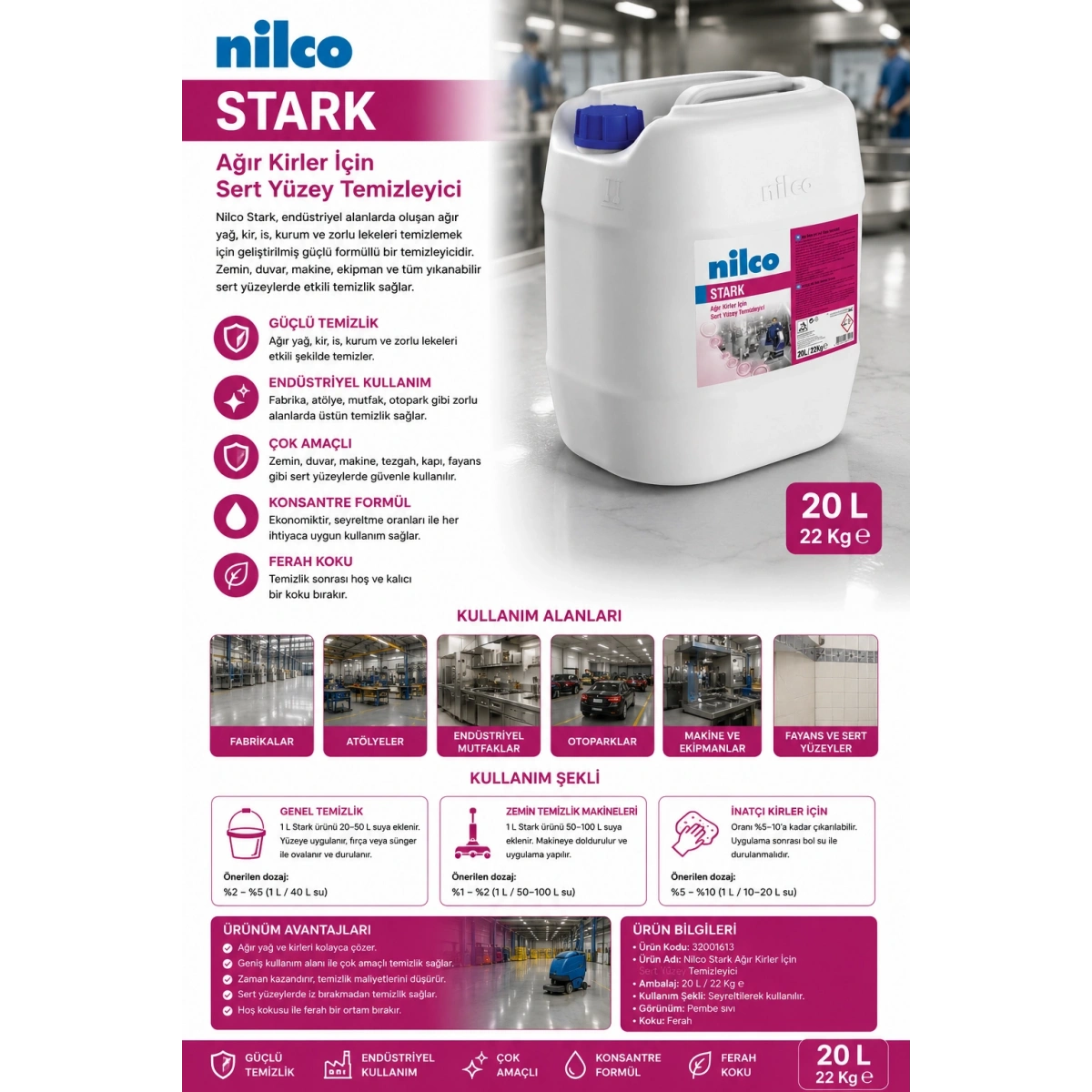 Nilco 32001613 Stark Ağır Kirler İçin Sert Yüzey Temizleyici 20 L / 22 Kg