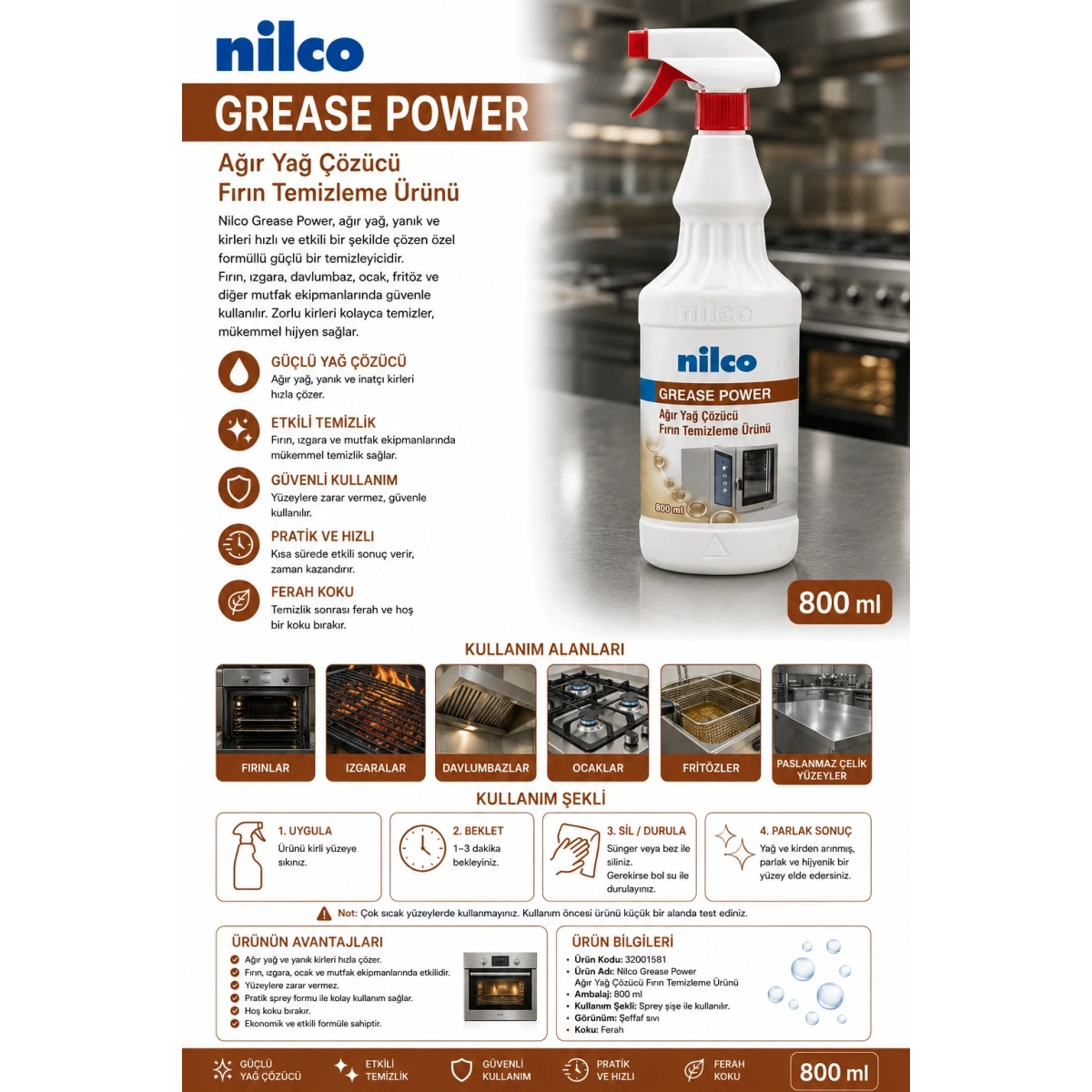 Nilco 32001581 Grease Power Ağır Yağ Çözücü Fırın Temizleme Ürünü 800 ml