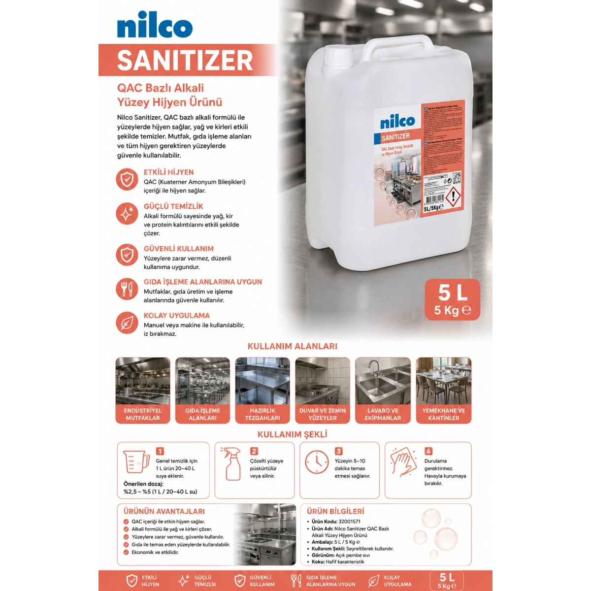 Nilco 32001571 Sanitizer Qac Bazlı Alkali Yüzey Hijyen Ürünü 5 L