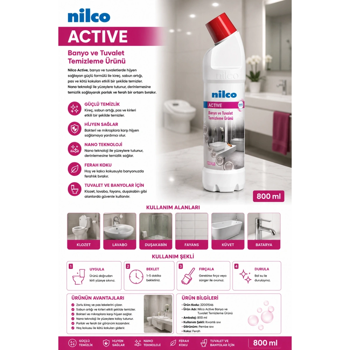 Nilco 32001546 Active Banyo Ve Tuvalet Temizleme Ürünü 800 ml