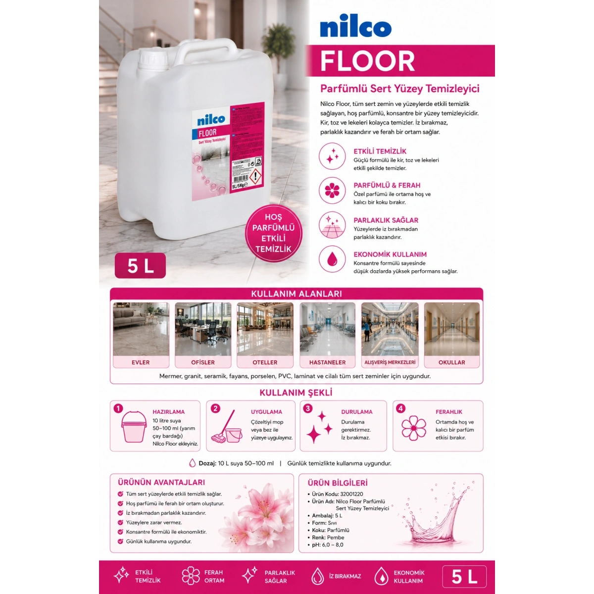 Nilco 32001220 Floor Parfümlü Sert Yüzey Temizleyici 5 lt