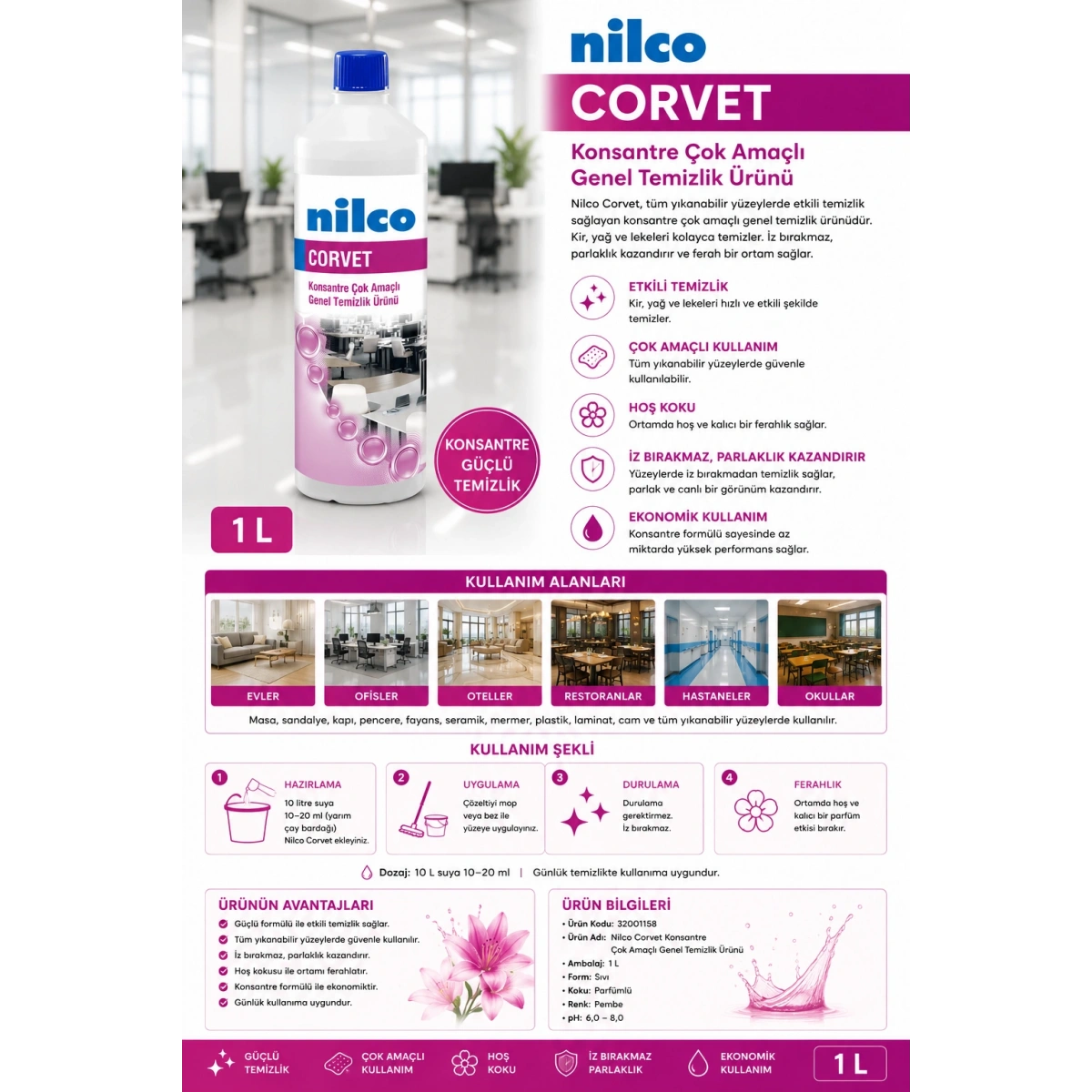Nilco 32001158 Corvet Konsantre Çok Amaçlı Genel Temizlik Ürünü 1 L
