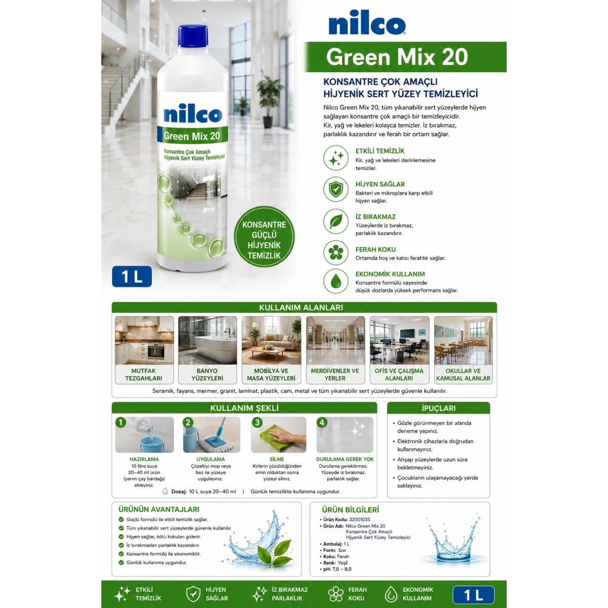 Nilco 32001035 Green Mix 20 Konsantre Çok Amaçlı Hijyenik Sert Yüzey Temizleyici 1000 ml