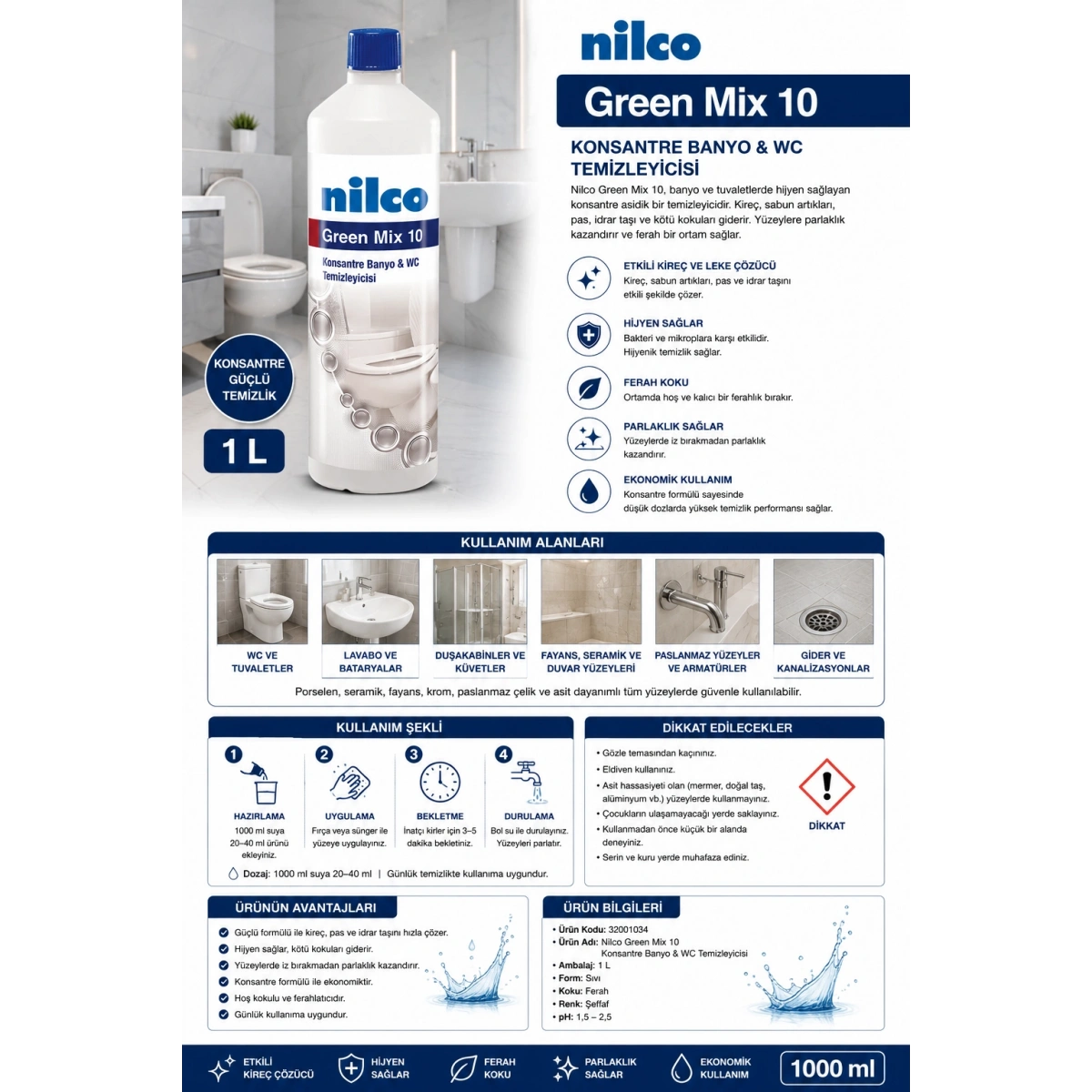 Nilco 32001034 Green Mix 10 Konsantre Banyo ve WC Temizleme Ürünü 1000 ml