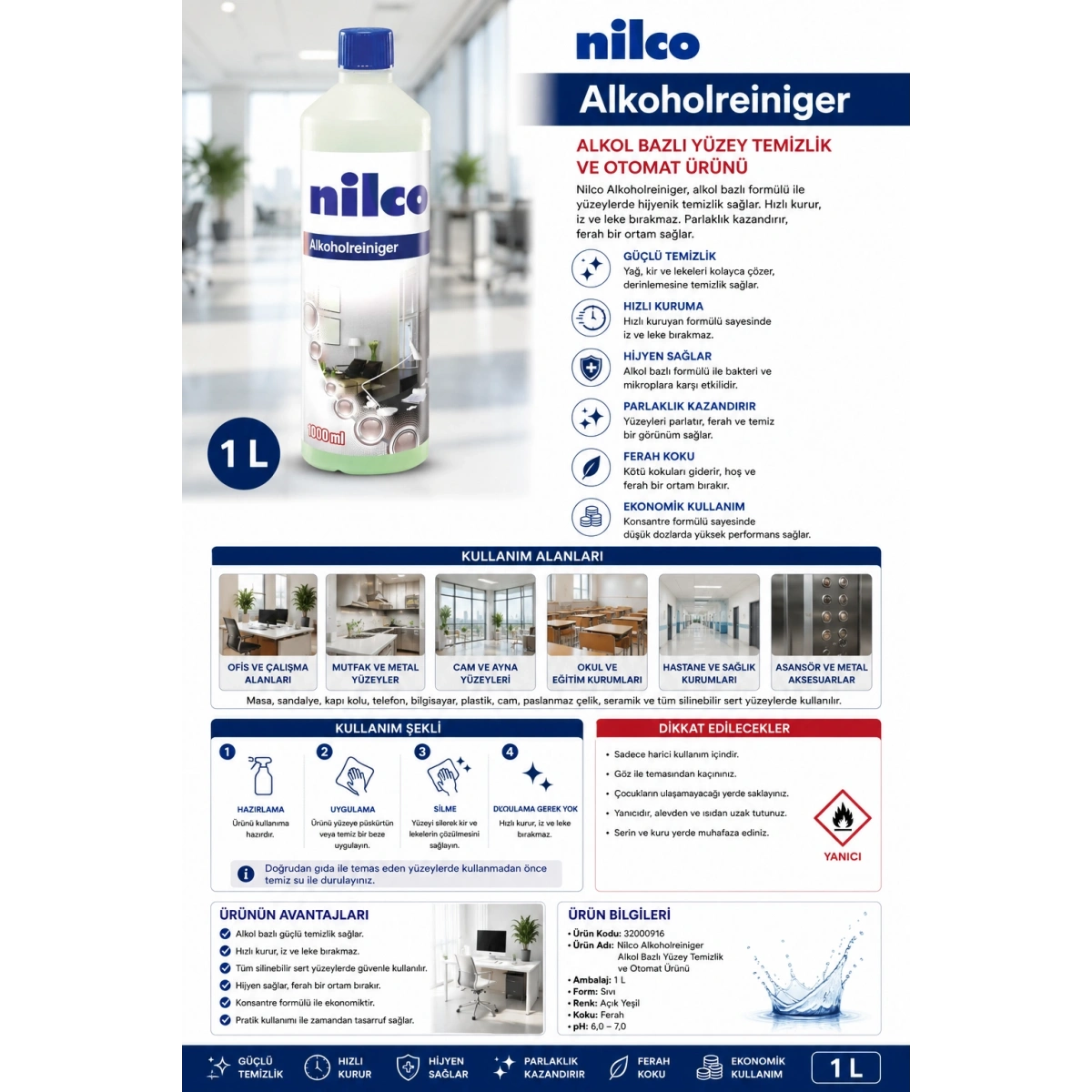 Nilco 32000916 Alkoholreiniger Alkol Bazlı Yüzey Temizlik ve Otomat Ürünü 1 lt