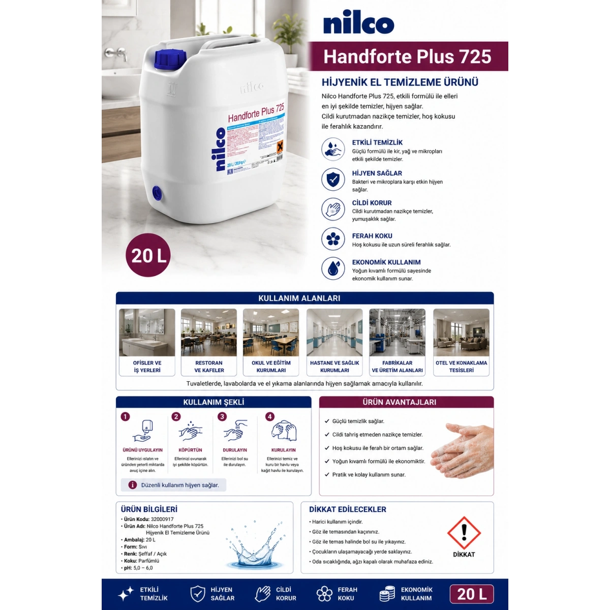 Nilco Handforte 725 Plus Hijyenik El Tem Ürünü 20 Lt
