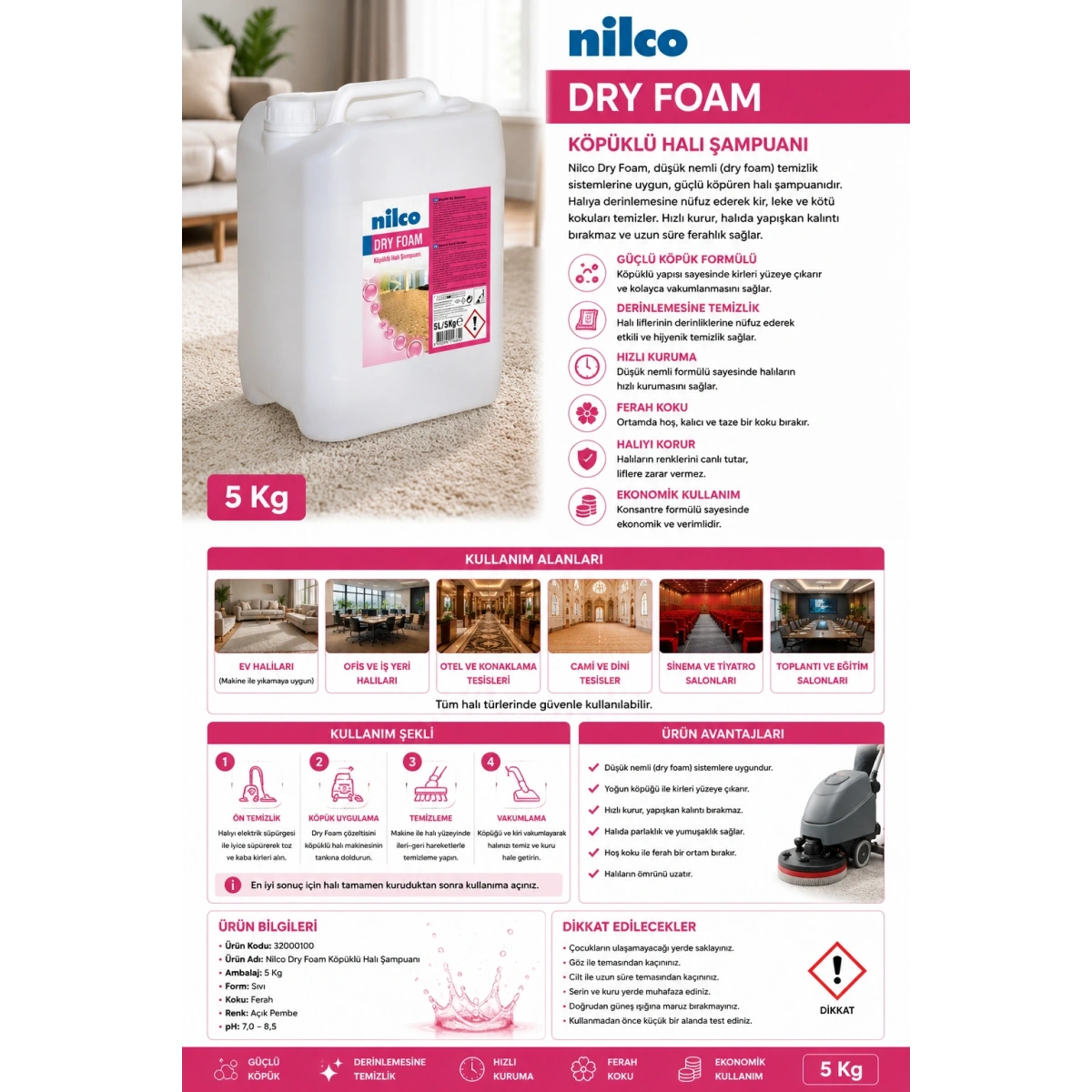 Nilco 32000100 Dry Foam Köpüklü Halı Şampuanı 5 Kg