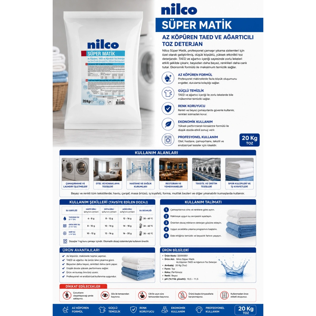Nilco 32000051 Süper Matik Az Köpüren TAED ve Ağartıcılı Toz Deterjan 20 Kg