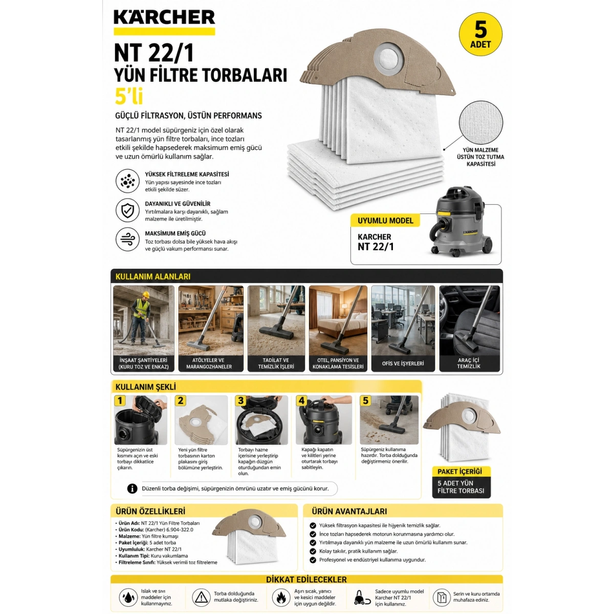 Karcher NT 22/1 Yün Filtre Torbaları 5’li