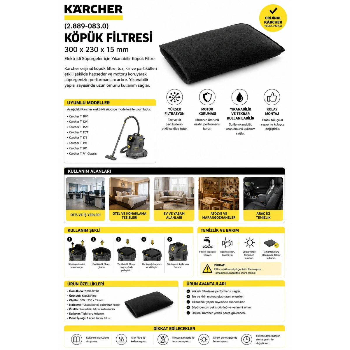 Karcher (2.889-083.0) Elektrikli Süpürge Köpük Filtresi 300 x 230 x 15 mm
