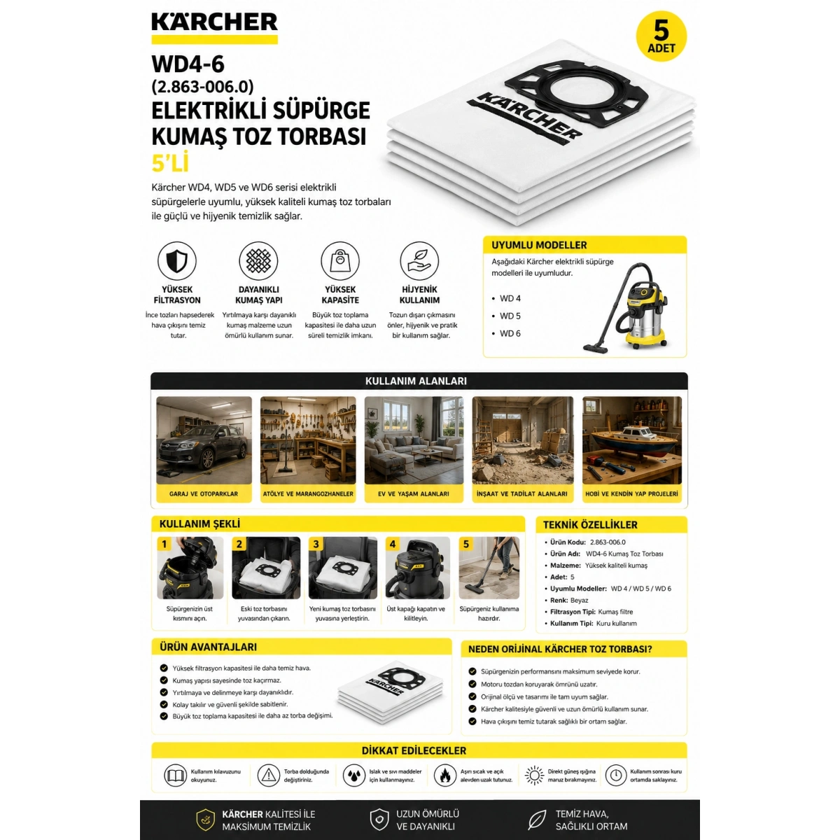 Karcher Wd4-6 (2.863-006.0) Elektrikli Süpürge Kumaş Toz Torbası 5li