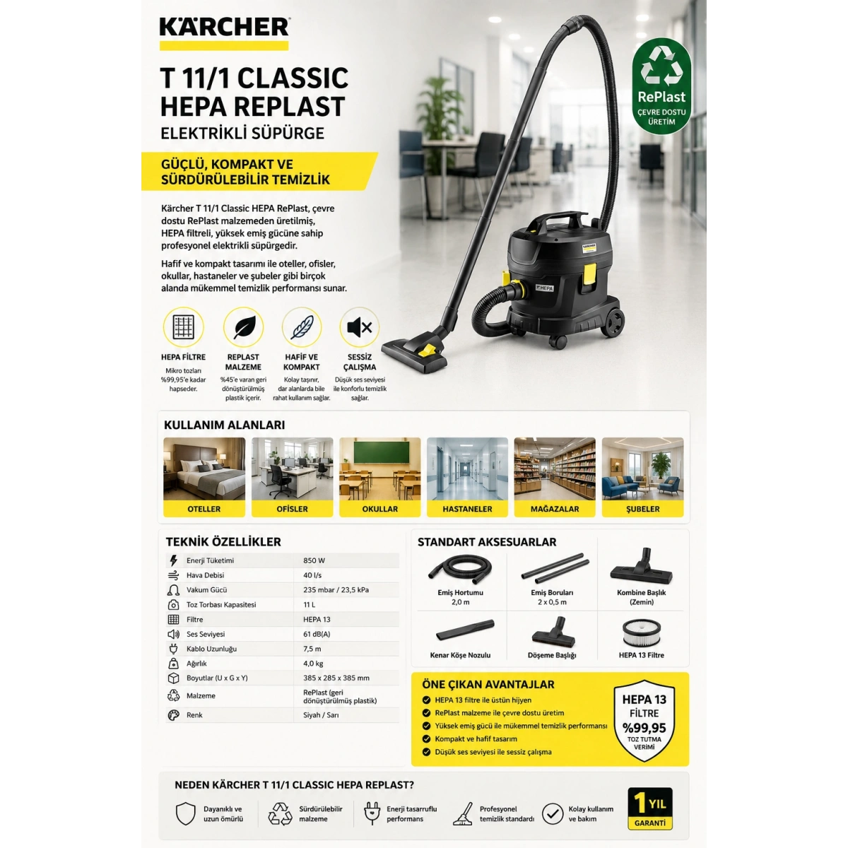 Karcher T 11/1 Classic HEPA RePlast Elektrikli Süpürge Siyah