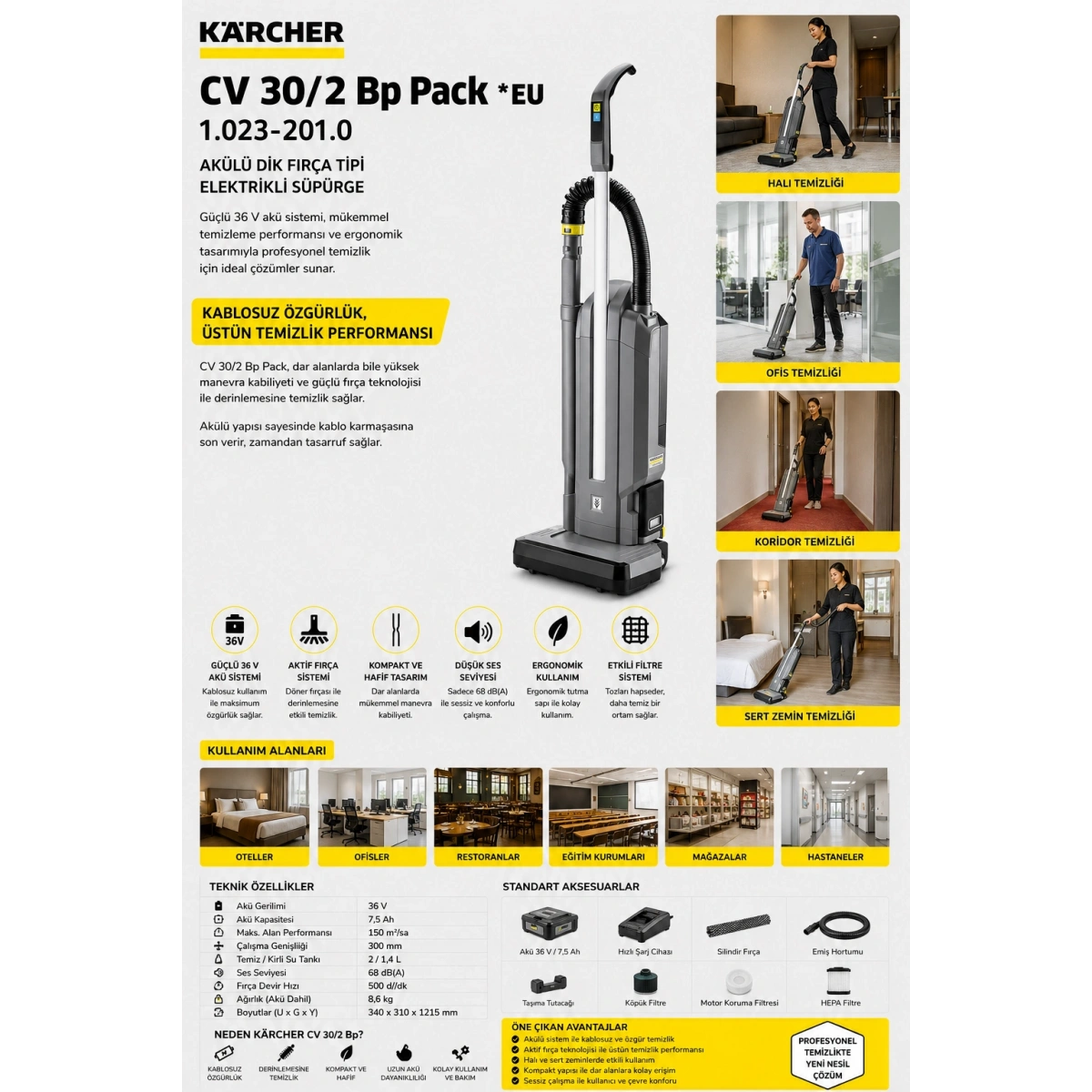 Karcher Cv 30/2 Bp Pack *Eu (1.023-201.0) Akülü Dik Fırça Tipi Elektrikli Süpürge