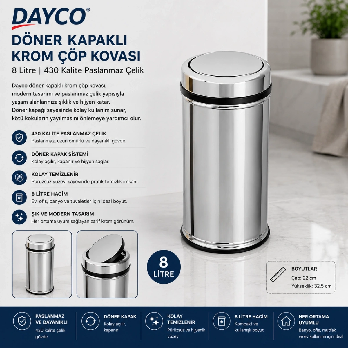 Dayco Döner Kapaklı 430 Kalite Krom Çöp Kovası 8 L 22*32,5 cm