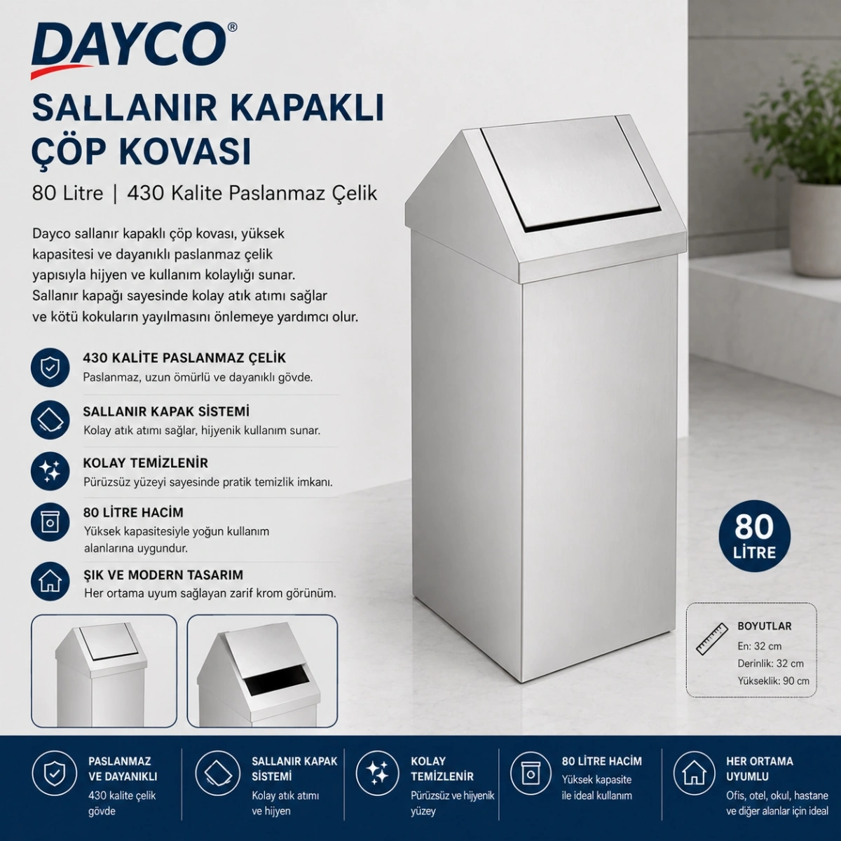 Dayco 430 Kalite Sallanır Kapaklı Çöp Kovası 80 L 32x32x90 cm