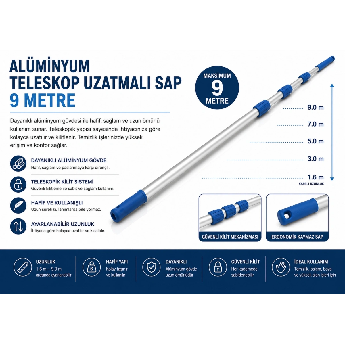 Alüminyum Teleskop Uzatmalı Sap 9 Metre